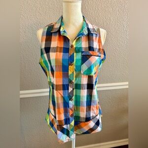Woolrich Plaid Sleeveless Button Down Shirt M Colorful Cotton Stretch Top